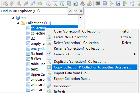 DB Explorer: Copy Collection Click 'Copy collection1 Collection to another Database' in DB Explorer context menu