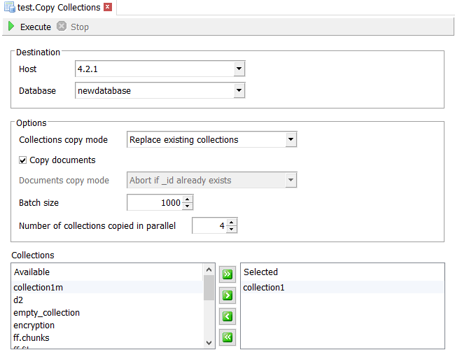 Copy Collection: Destination database Destination database and optional performance parameters