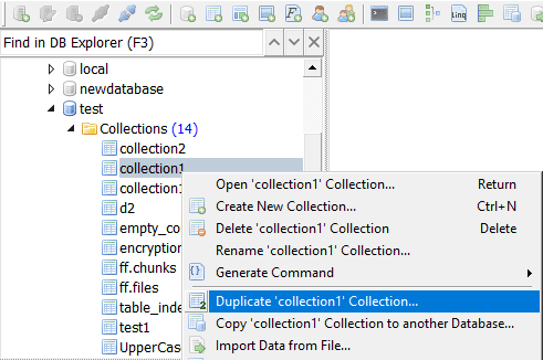 DB Explorer: Duplicate Collection Click 'Duplicate collection1 Collection' in DB Explorer context menu