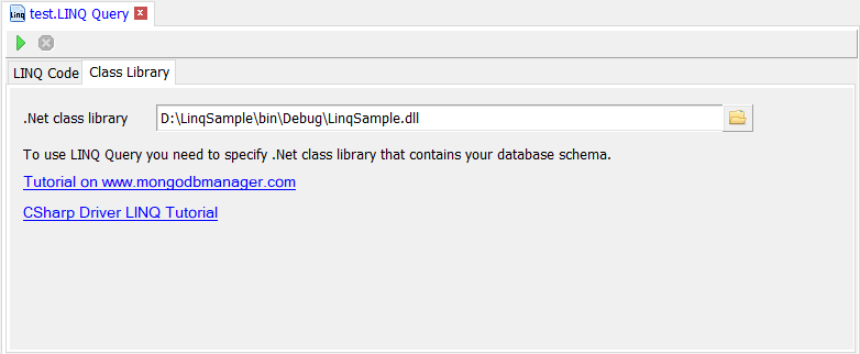 LING Query class library Class Library tab: Specify LinqSample.dll in .Net class library field