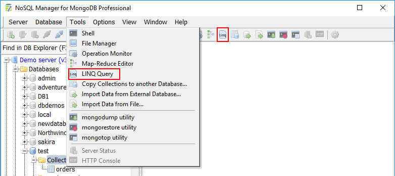 LINQ Query Tool NoSQL Manager for MongoDB: Choose Toolbar|Tools|LINQ Query