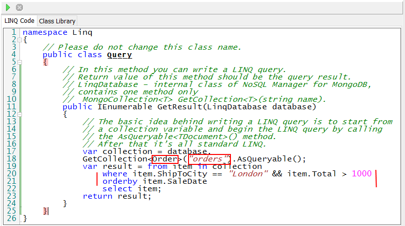 LINQ Query Editor - class name Write class and collection names in LINQ Query editor